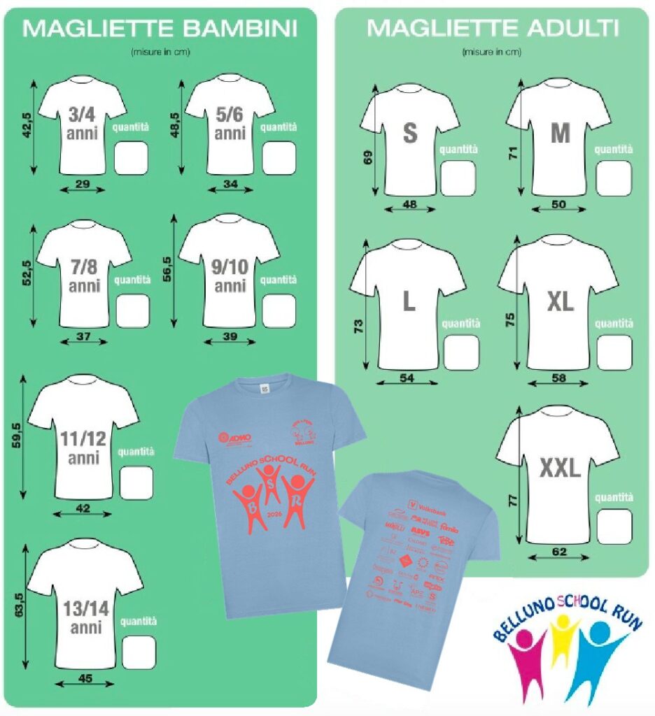 Guida taglie magliette Belluno School Run 2026